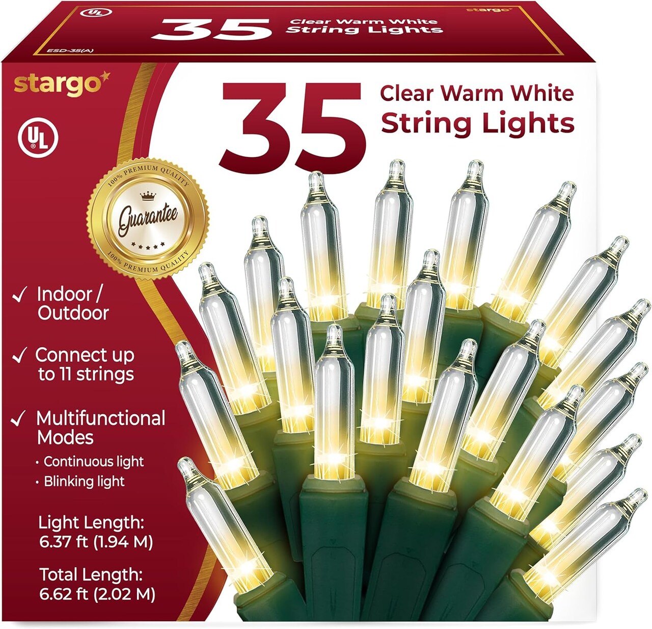 Clear Warm White Christmas Tree Lights – 6.3ft String of 35 Incandescent Mini Bulbs with Green Wire, Indoor & Outdoor Decorative Twinkle Lights, Multifunction Modes (Green - Clear Warm White Lights)